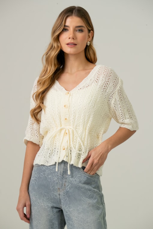 Blusa Tricot Manga Curta Cordão Peplum Natural