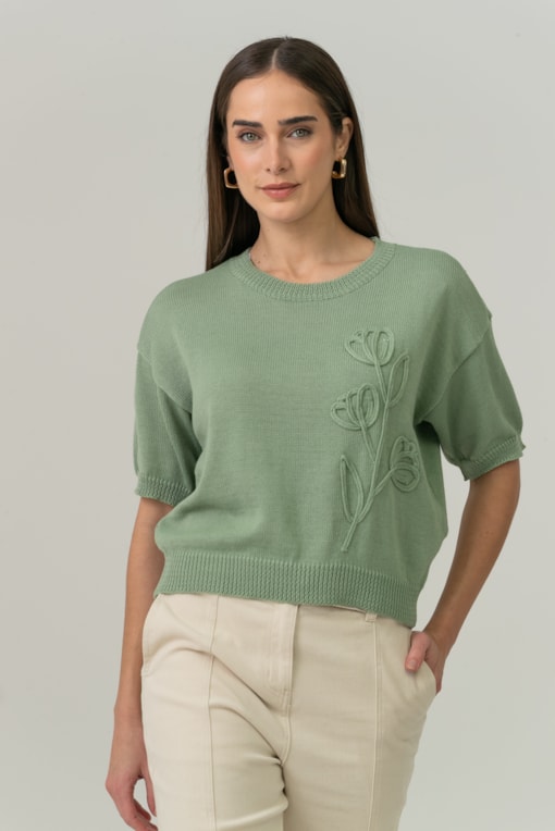 Blusa Tricot Manga Curta Flor Bordada Verde