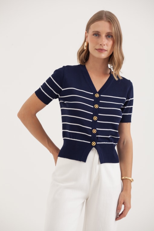 Blusa Tricot Manga Curta Listras E Botões Marinho 