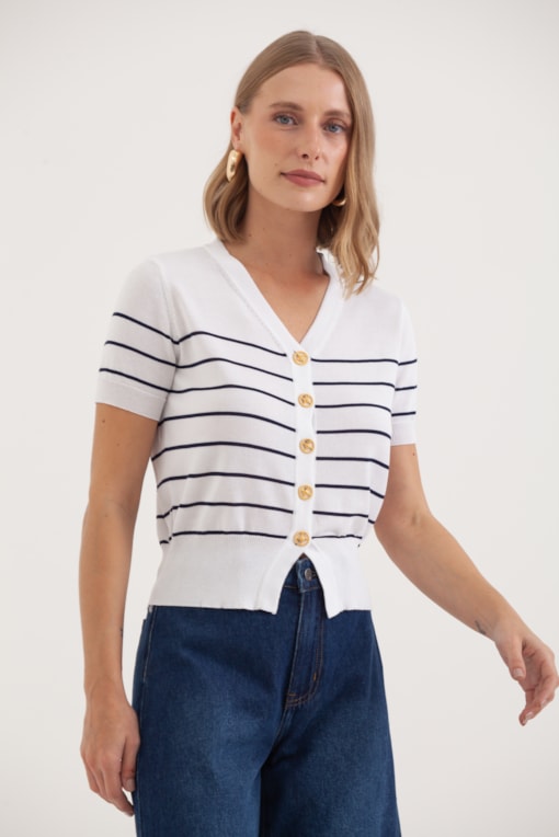 Blusa Tricot Manga Curta Listras E Botões Off-white
