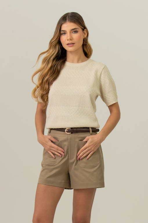 Blusa Tricot Manga Curta Ponto Desenhado Areia