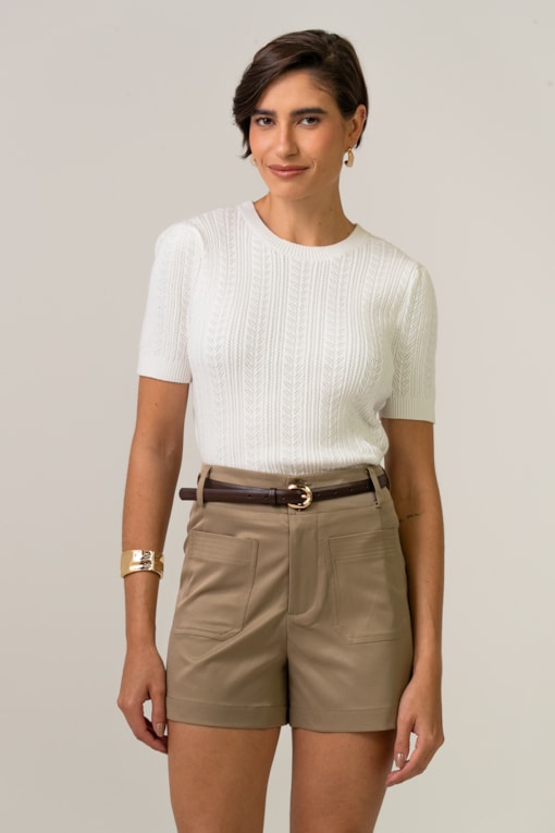 Blusa Tricot Manga Curta Ponto Desenhado Branco