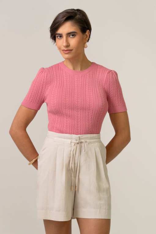Blusa Tricot Manga Curta Ponto Desenhado Rosê