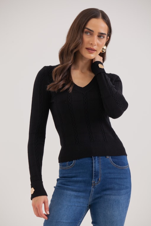 Blusa Tricot Manga Longa Decote V Botão Punho Preto