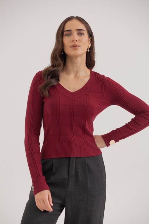 Blusa Tricot Manga Longa Decote V Botão Punho Vinho