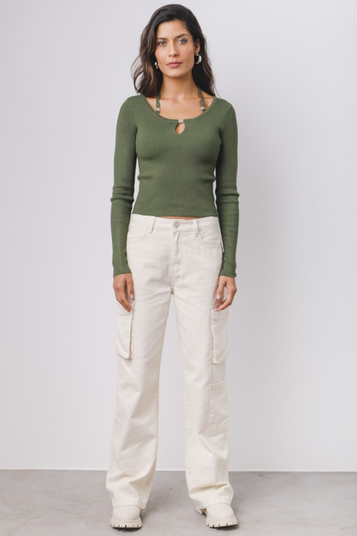 Blusa Tricot Manga Longa Detalhe Decote Verde militar