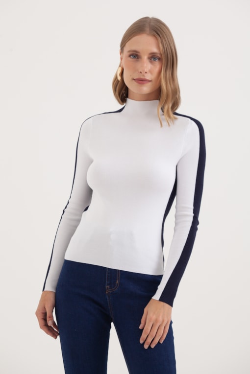 Blusa Tricot Manga Longa Listra Laterais Off-white