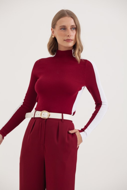 Blusa Tricot Manga Longa Listra Laterais Vinho