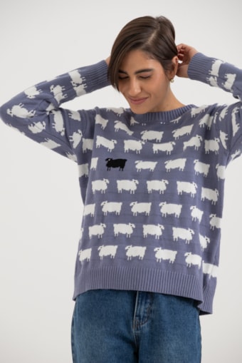 Blusa Tricot Manga Longa Ovelha  Azul
