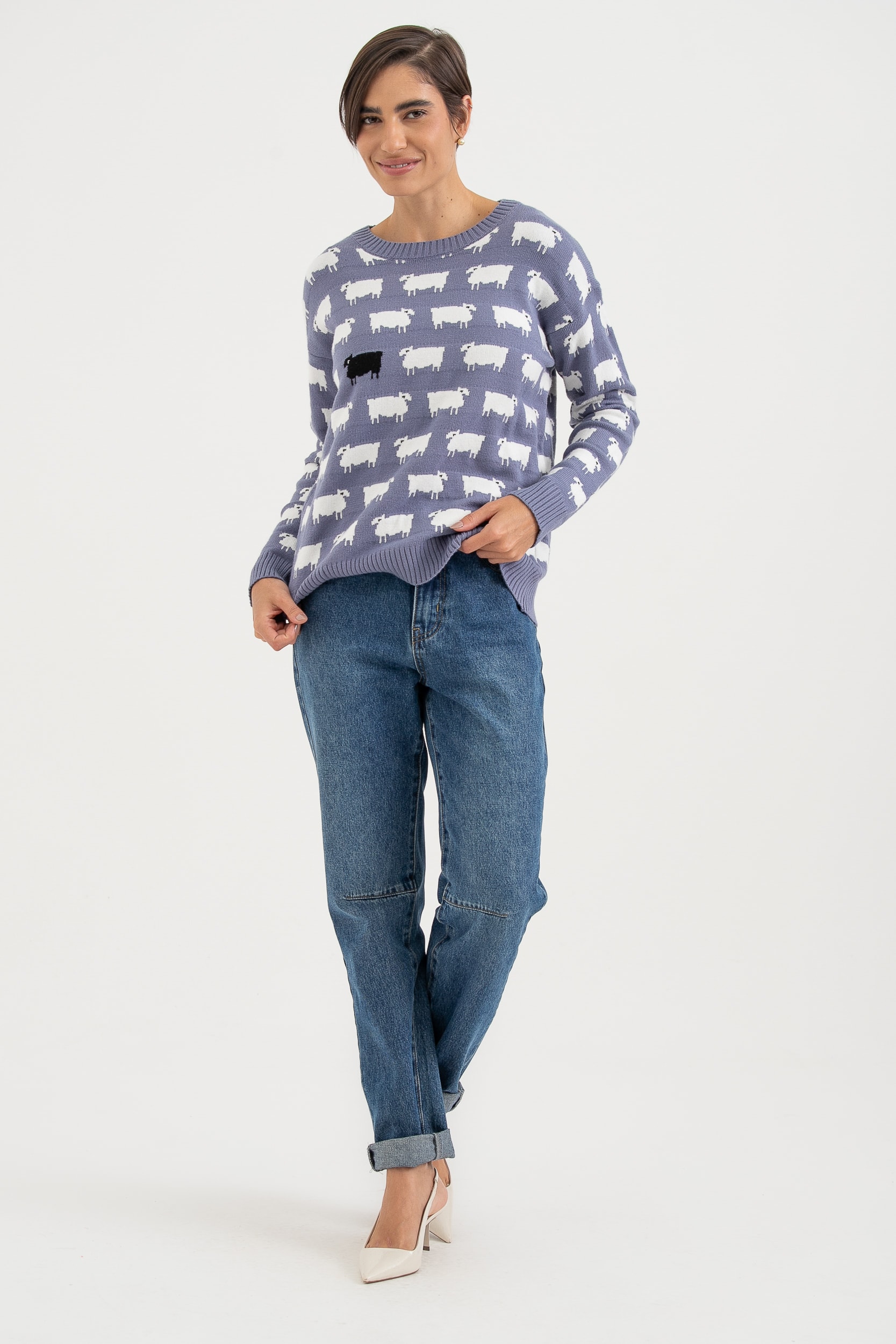 Blusa Tricot Manga Longa Ovelha  Azul