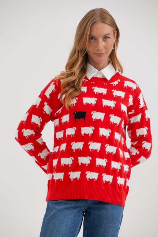 Blusa Tricot Manga Longa Ovelha  Vermelho