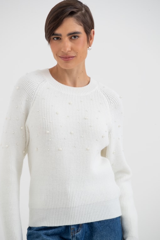 Blusa Tricot Manga Longa Pérolas Off-white