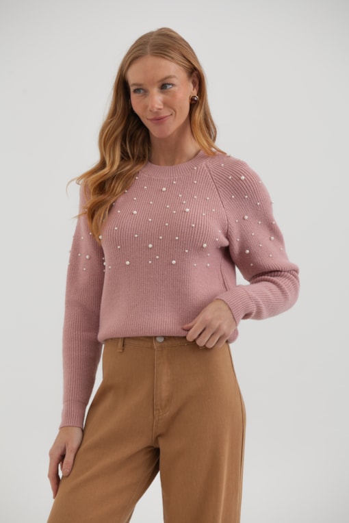 Blusa Tricot Manga Longa Pérolas Rosê