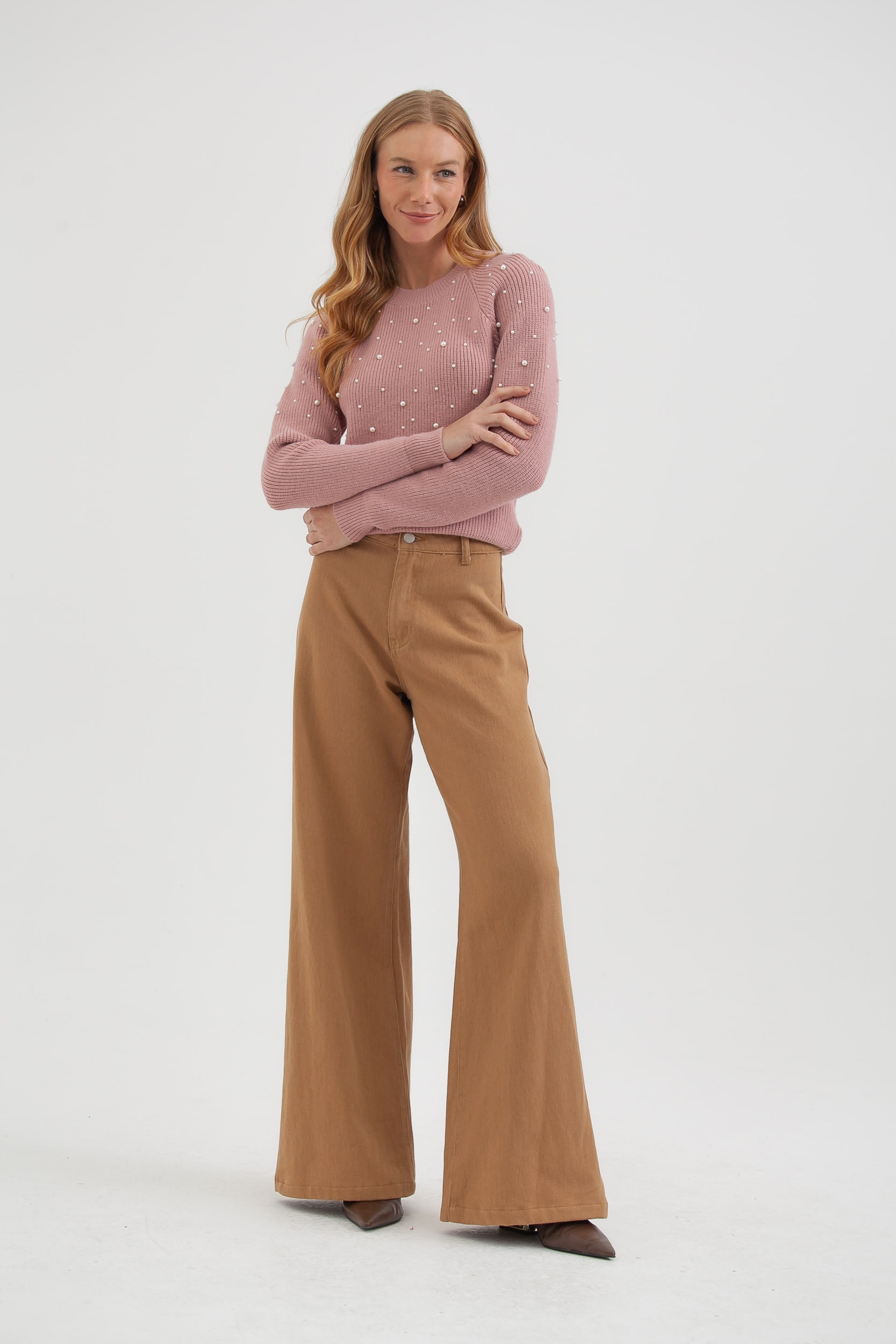 Blusa Tricot Manga Longa Pérolas Rosê