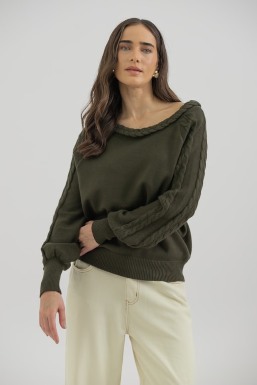Blusa Tricot Manga Longa Tranças  Verde 