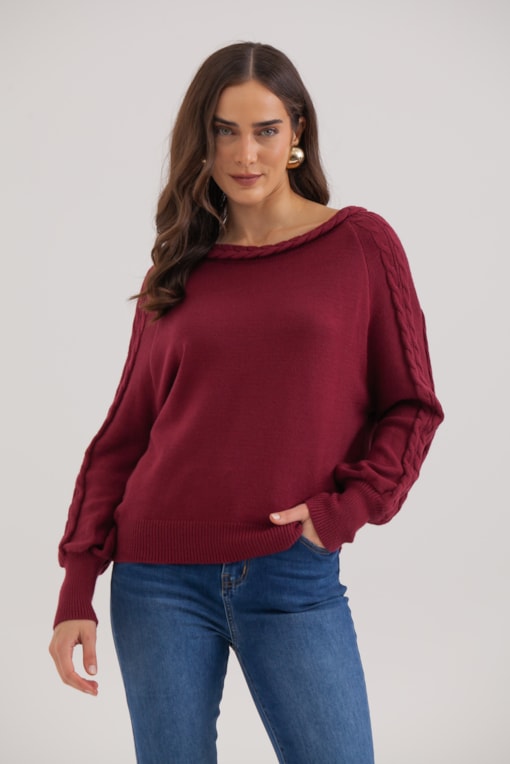 Blusa Tricot Manga Longa Tranças  Vinho