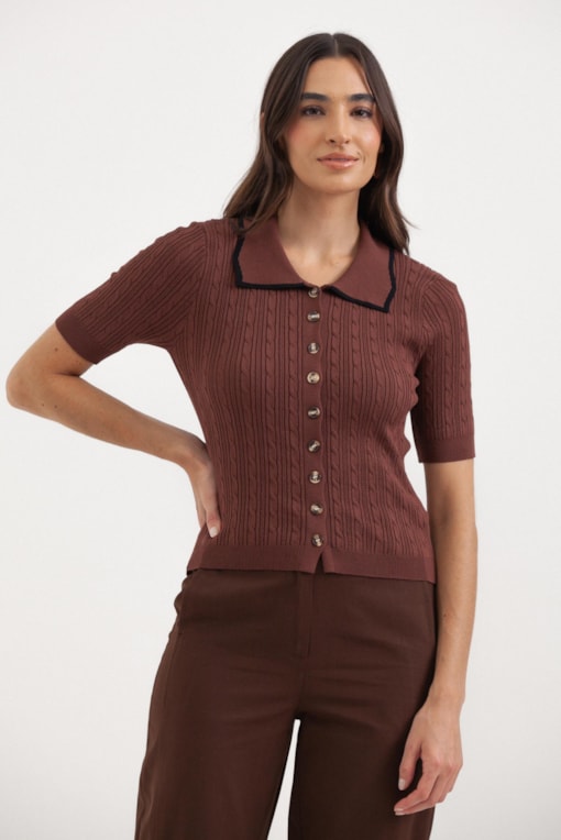 Blusa Tricot Ponto Tranças Gola Com Vivo Marrom