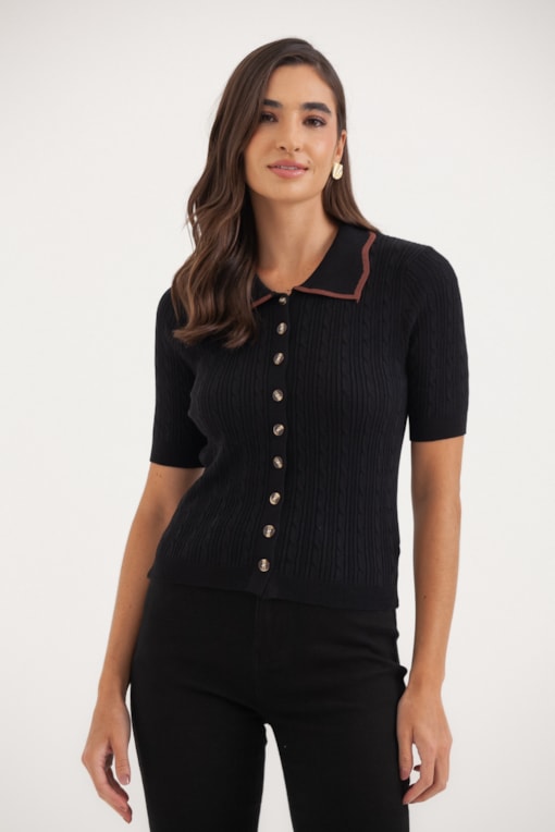 Blusa Tricot Ponto Tranças Gola Com Vivo Preto