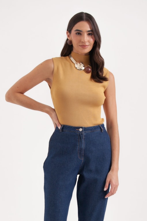 Blusa Tricot Regata Gola Alta Amarelo