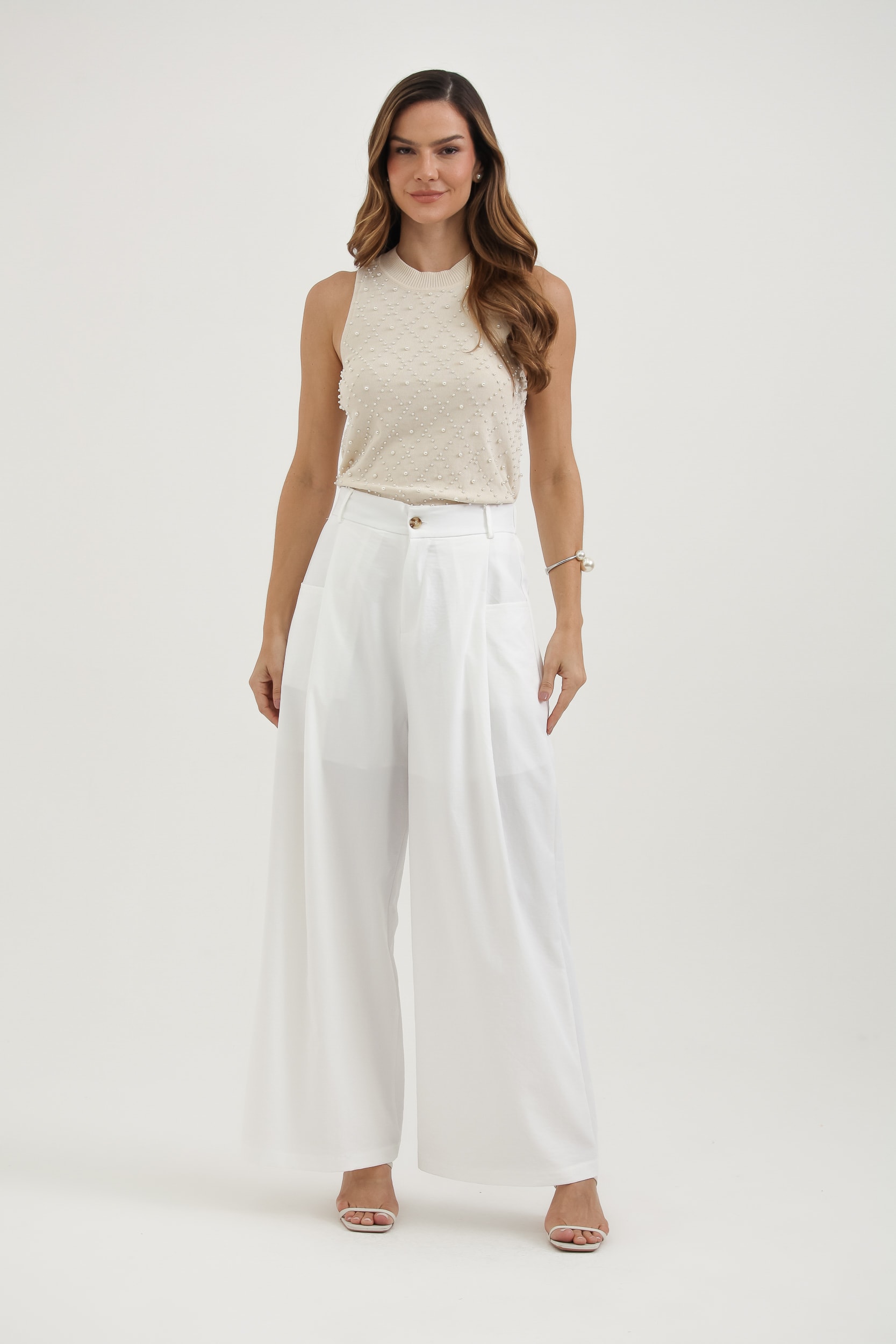 Blusa Tricot Regata Pérolas Bege