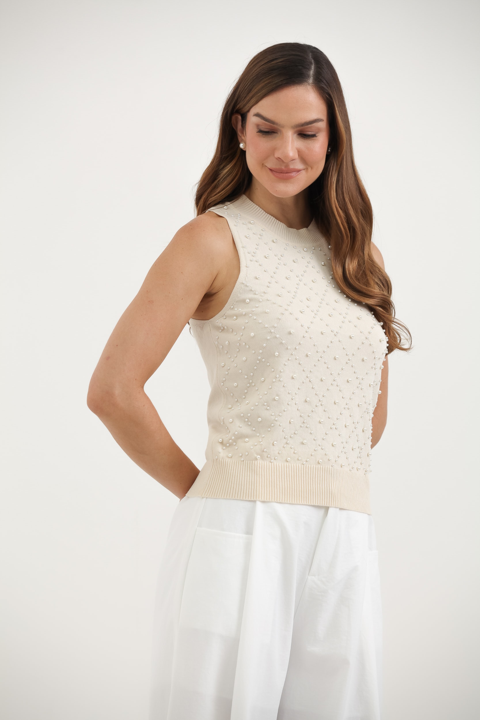Blusa Tricot Regata Pérolas Bege