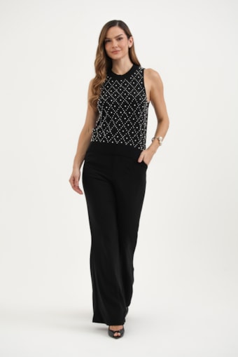 Blusa Tricot Regata Pérolas Preto