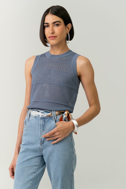 Blusa Tricot Regata Ponto Telado Azul