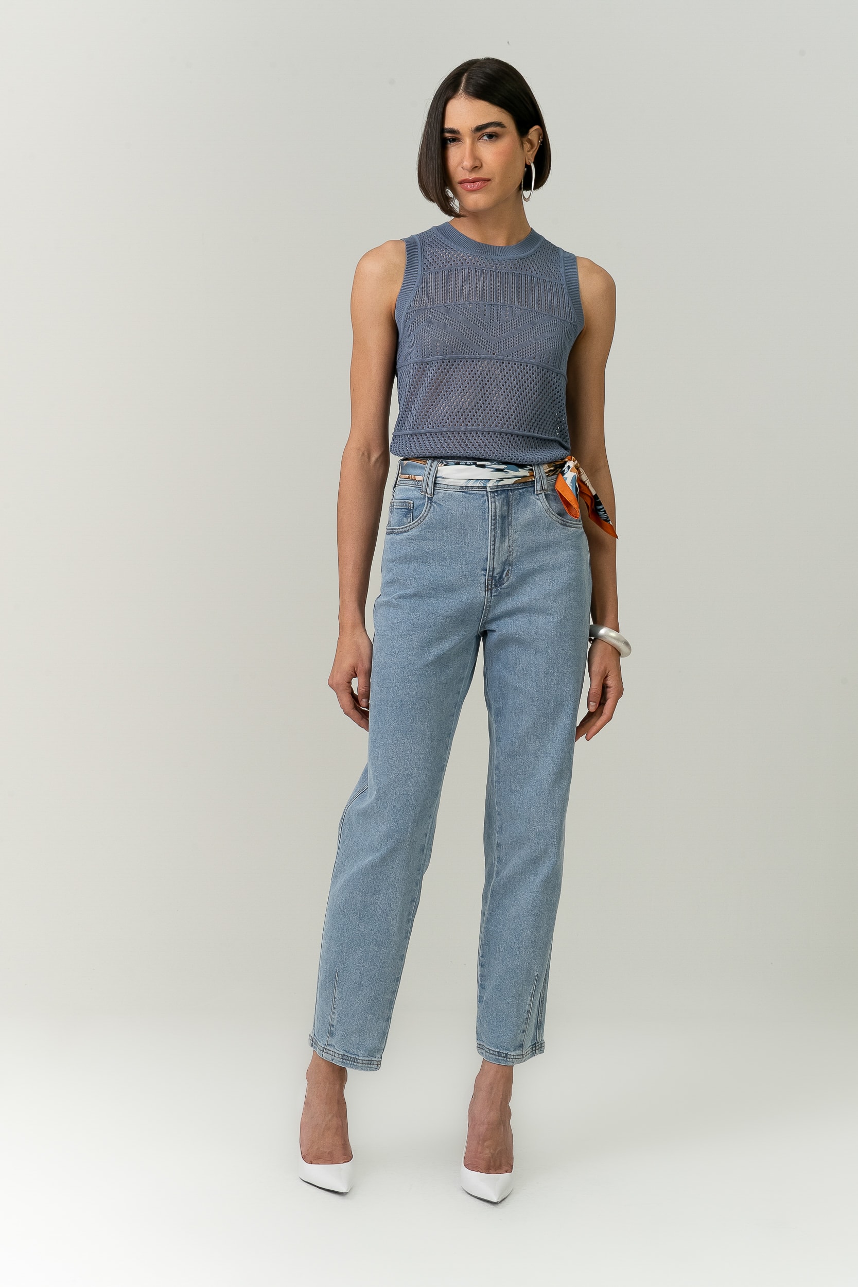 Blusa Tricot Regata Ponto Telado Azul