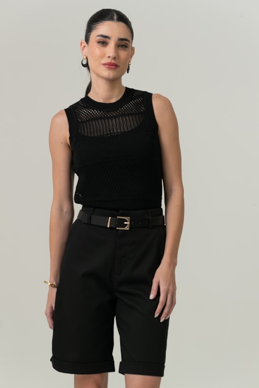 Blusa Tricot Regata Ponto Telado Preto