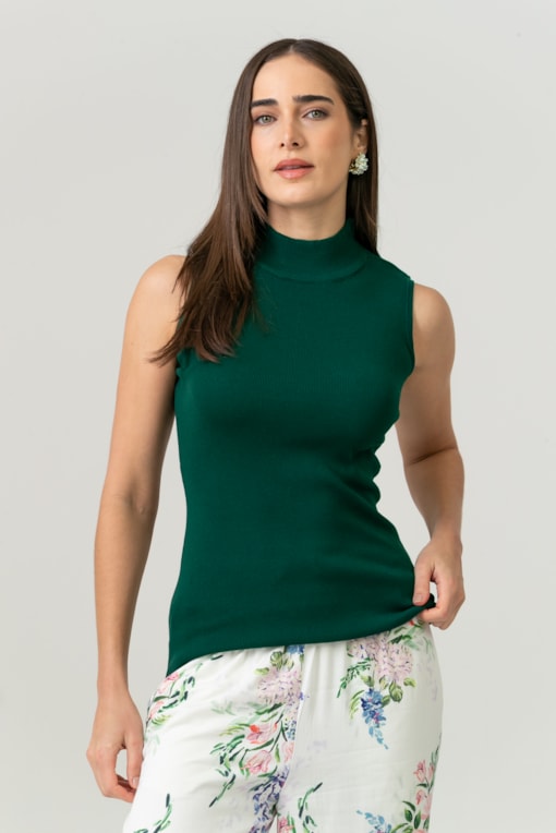 Blusa Tricot Sem Manga E Zíper Verde