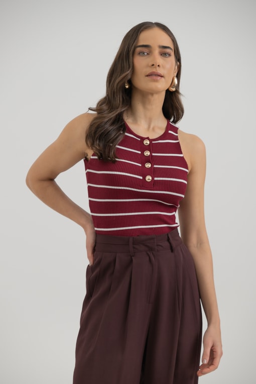 Blusa Tricot Sem Manga Listrada Com Botões Cereja