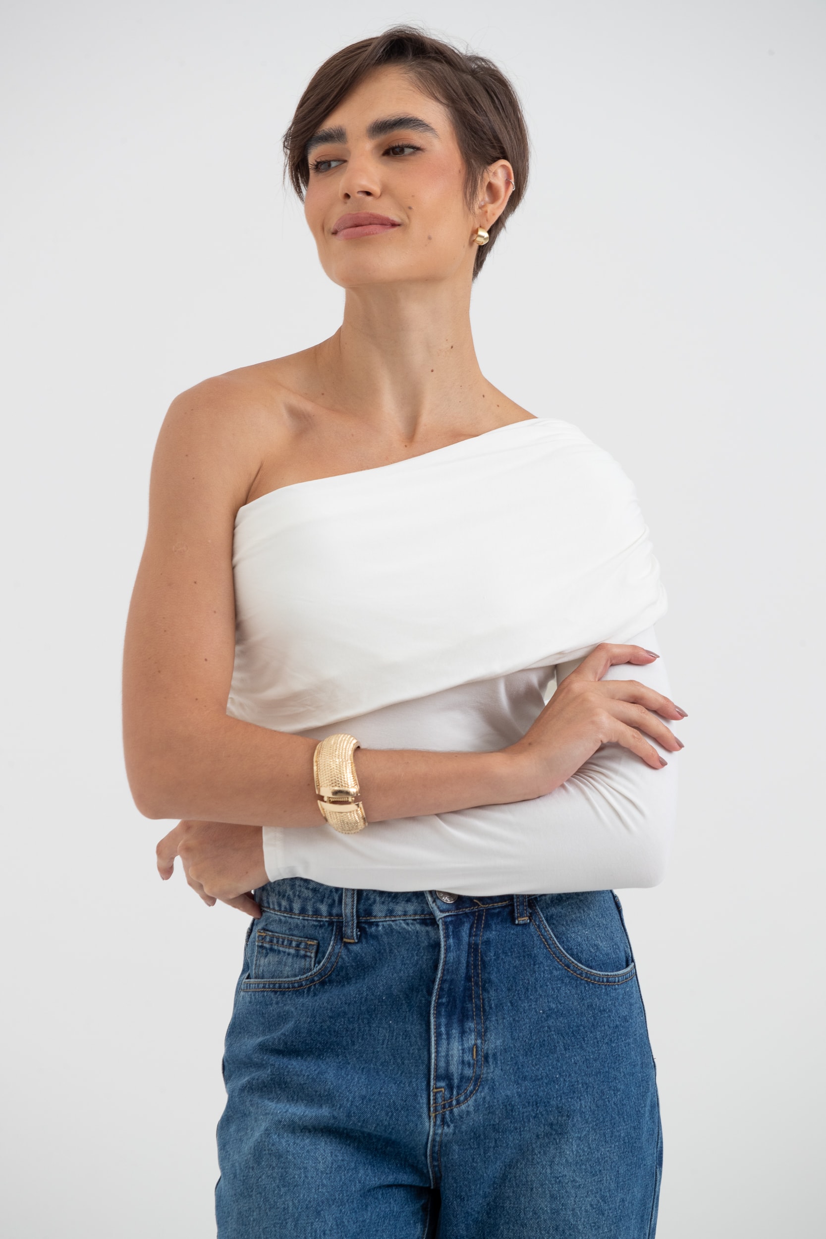 Blusa Um Ombro Só Franzida Manga Longa Off-white