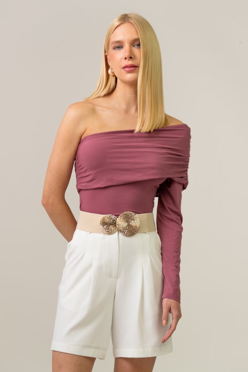 Blusa Um Ombro Só Franzida Manga Longa Rosê