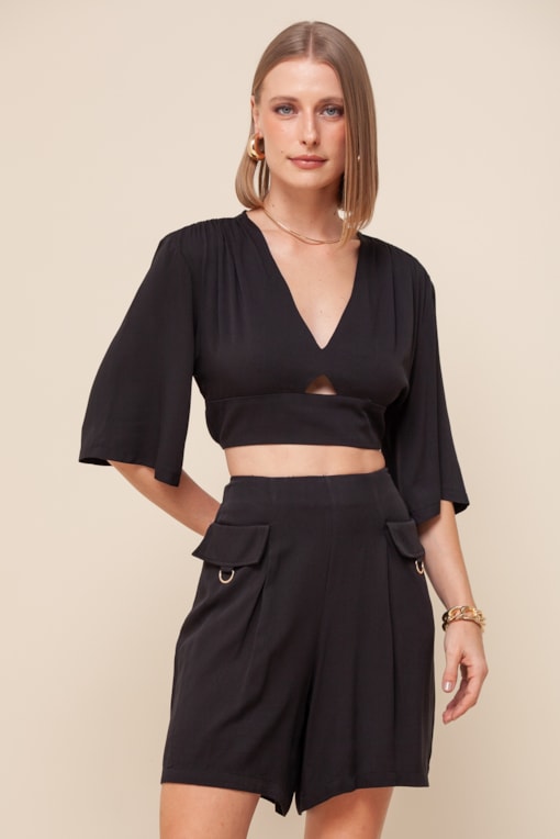 Blusa Viscolinho Manga Morcego   Preto
