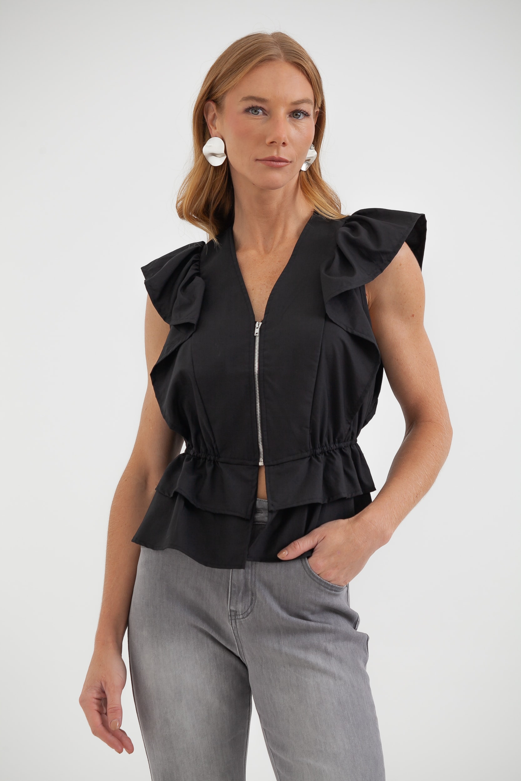 Blusa Zíper Mangas Babados Com Peplum Preto