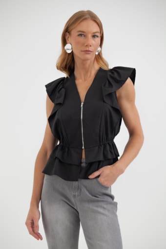 Blusa Zíper Mangas Babados Com Peplum Preto