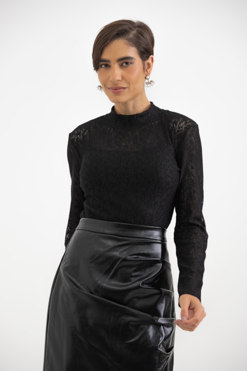 Body De Renda Manga Longa  Preto