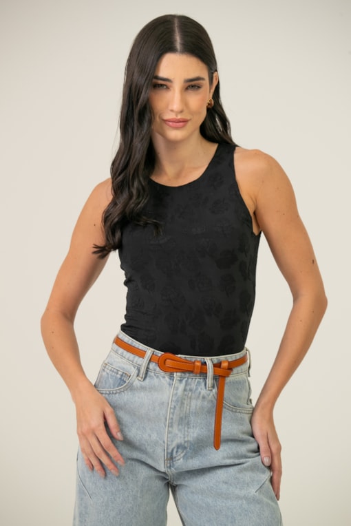 Body Malha De Flores Devorê Preto