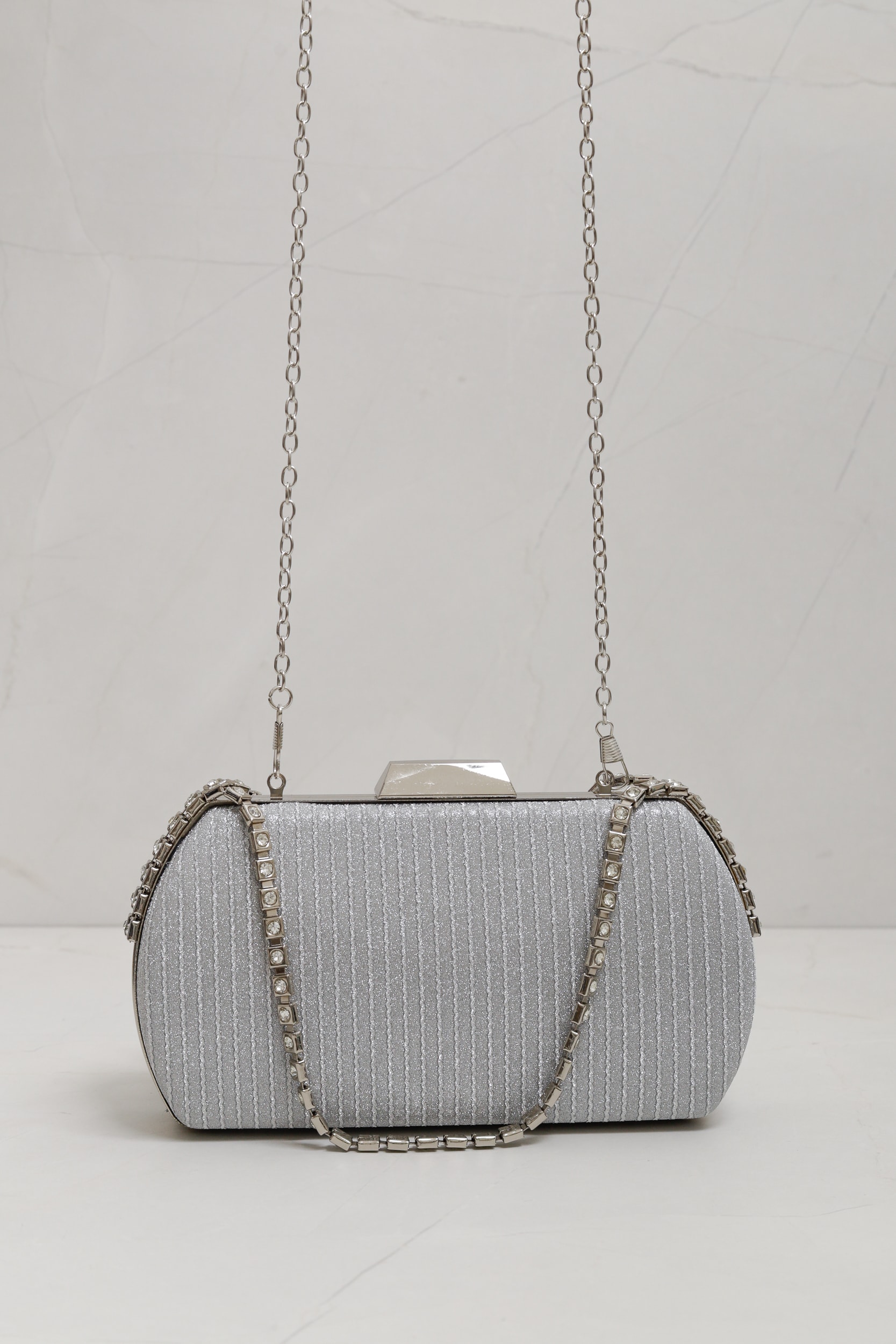 Bolsa Clutch Alça Corrente Strass Prata