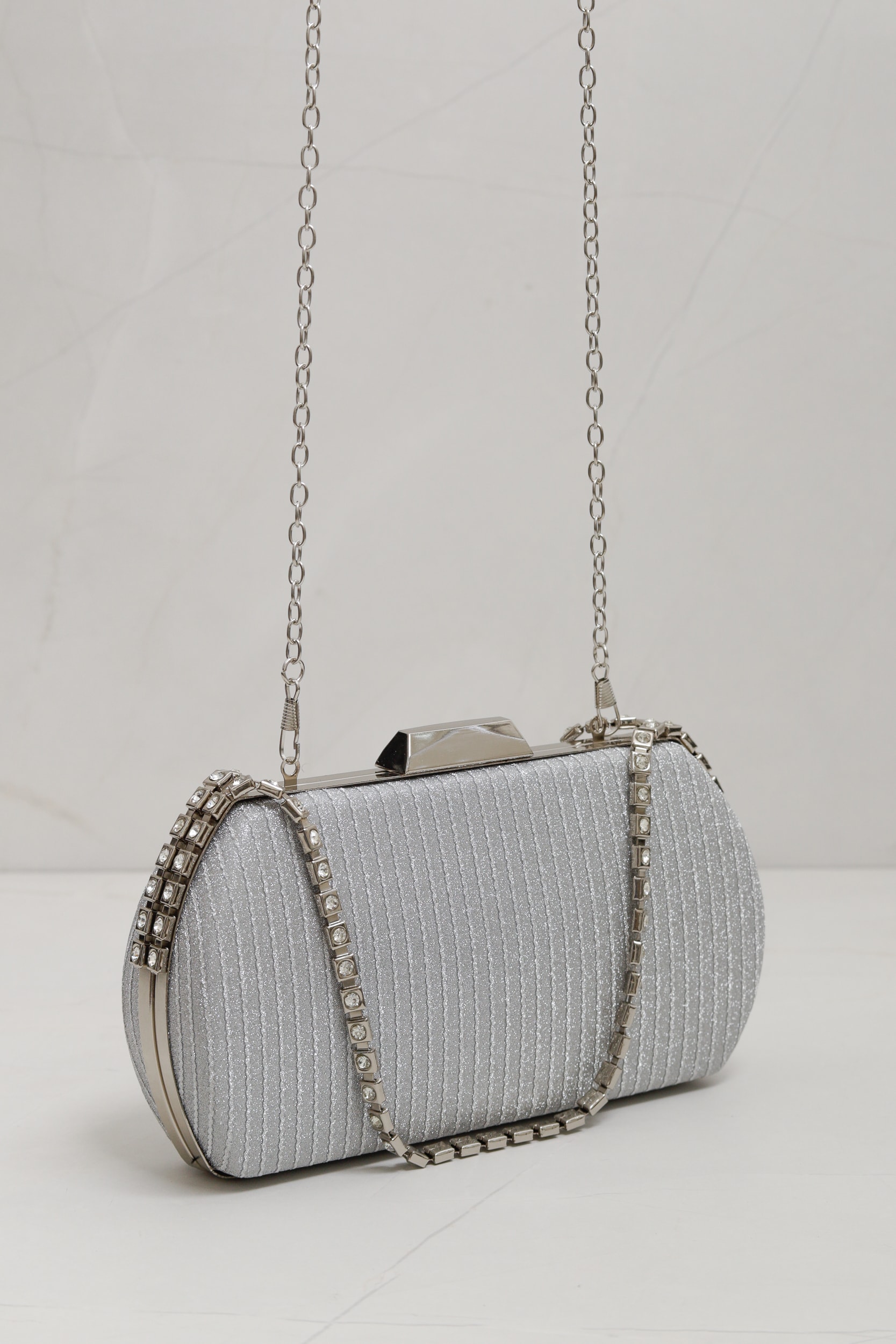 Bolsa Clutch Alça Corrente Strass Prata