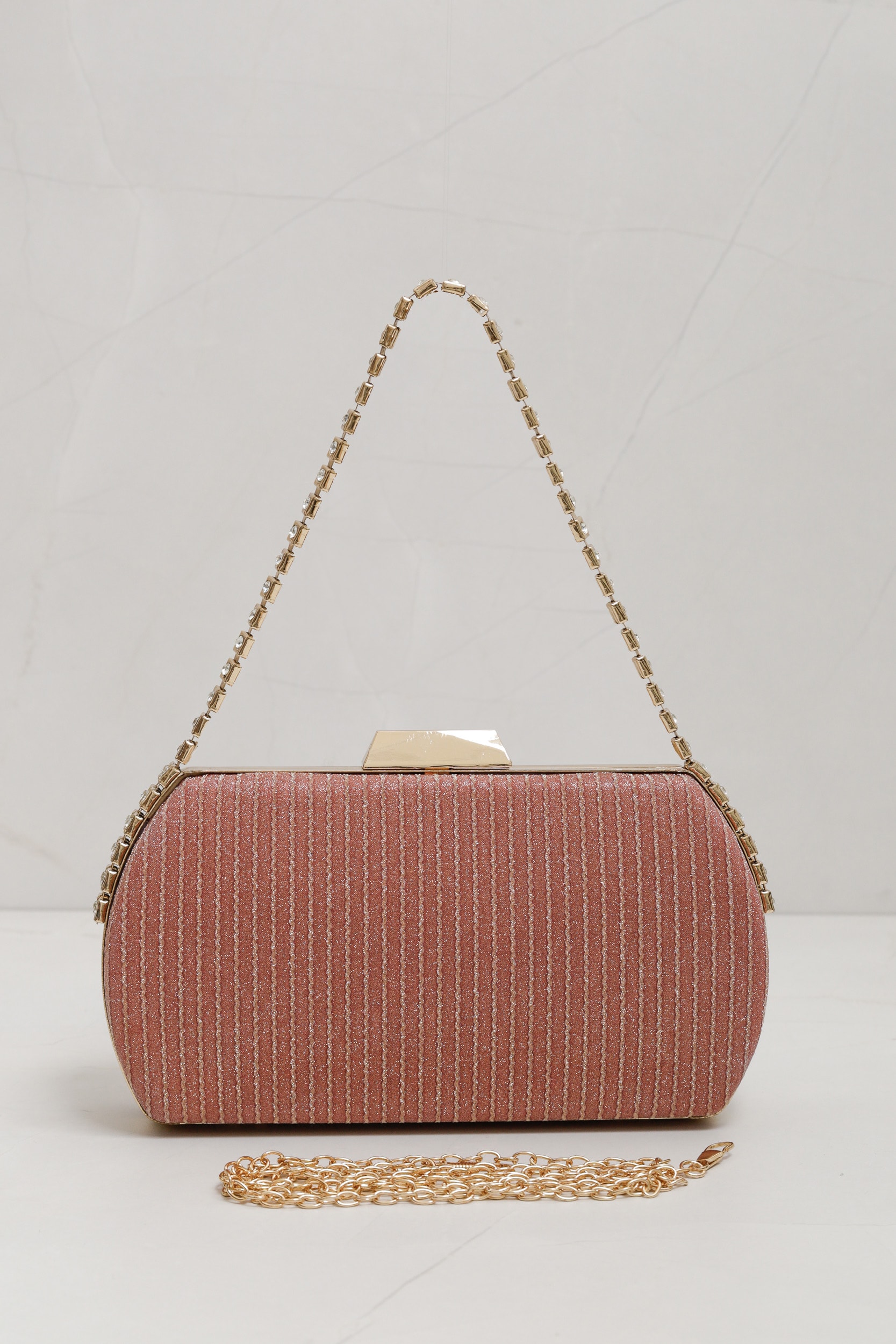 Bolsa Clutch Alça Corrente Strass Rosa blush
