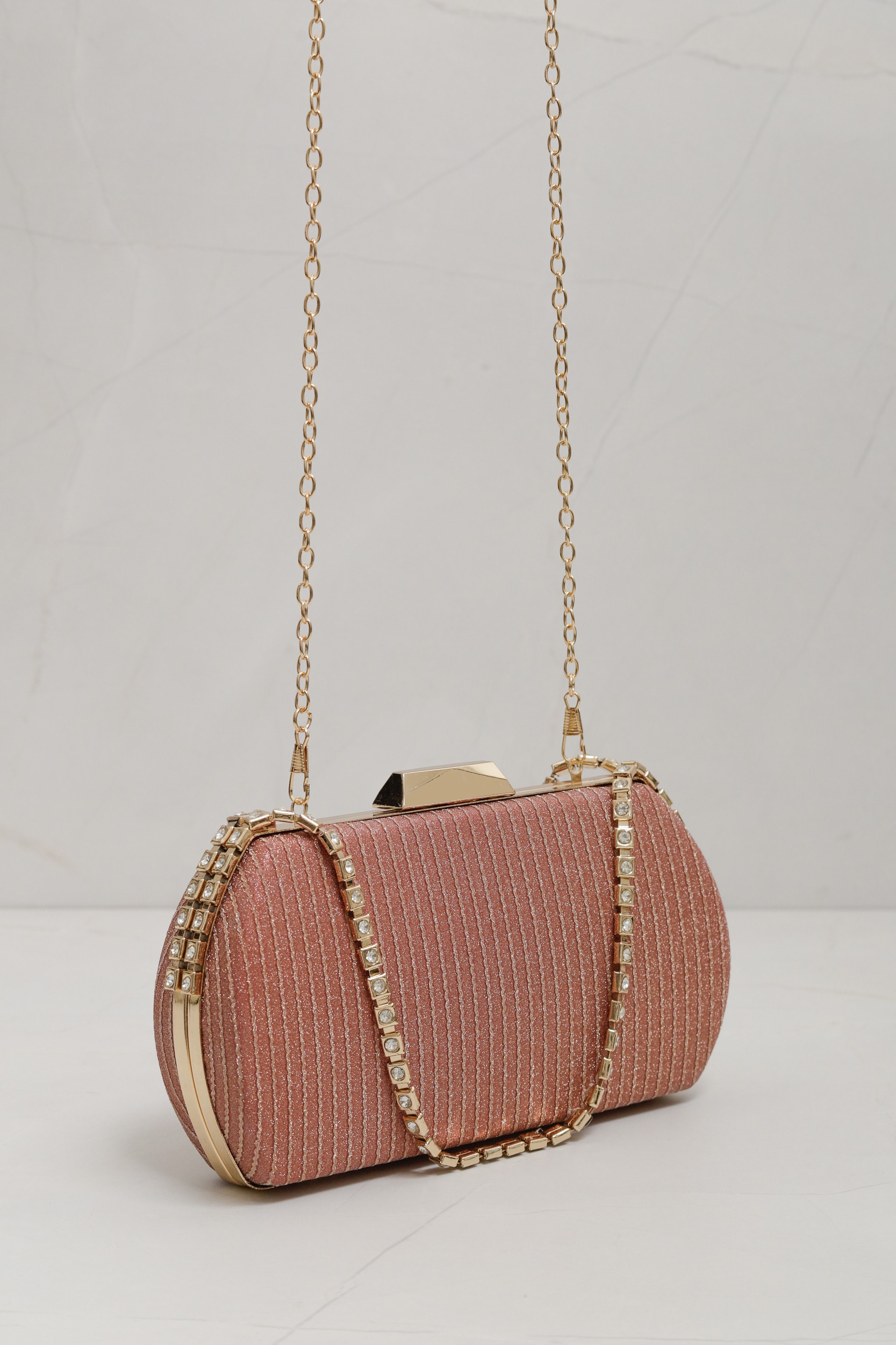 Bolsa Clutch Alça Corrente Strass Rosa blush