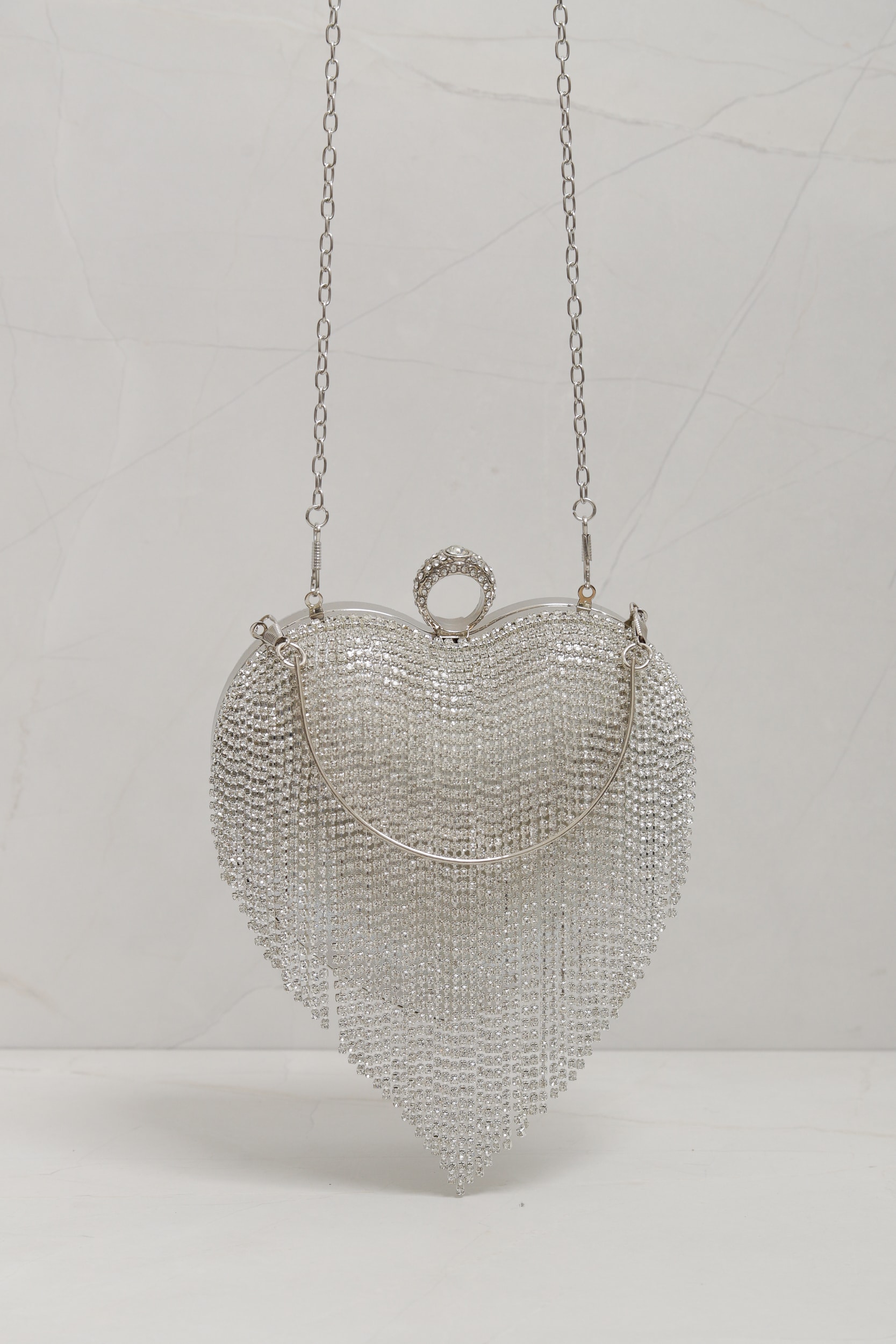Bolsa Clutch Coração Franja Prata