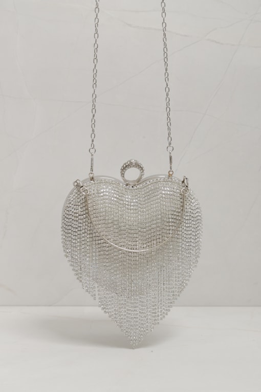 Bolsa Clutch Coração Franja Prata