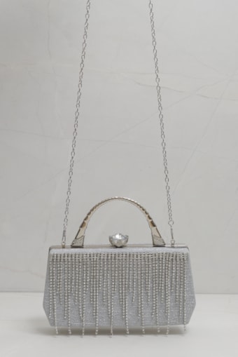 Bolsa Clutch Franja Alça Prata