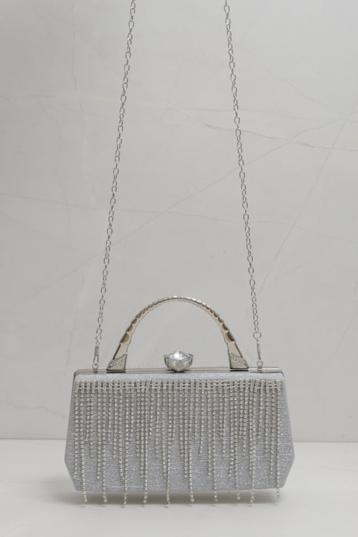 Bolsa Clutch Franja Alça Prata
