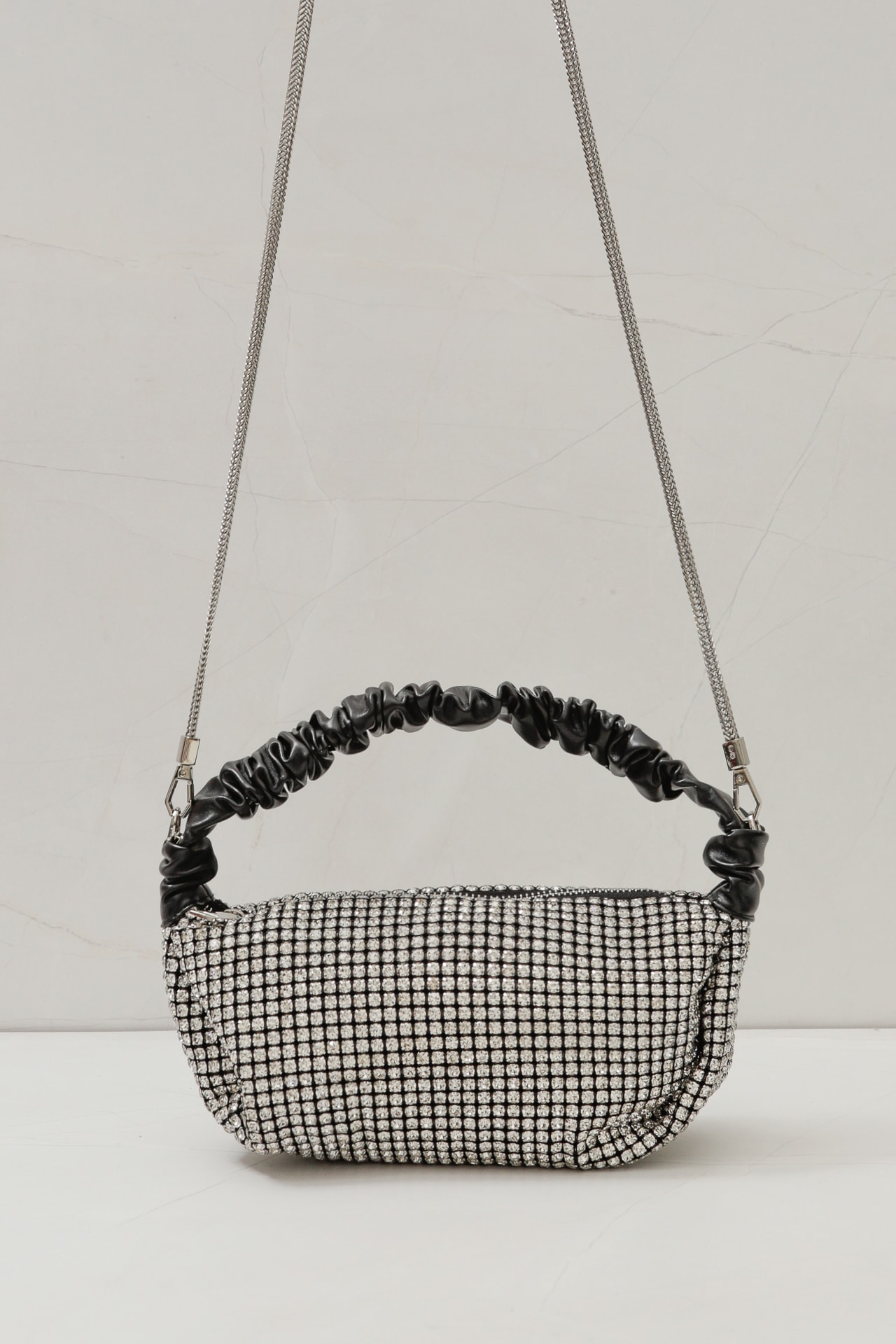 Bolsa Strass Alça Franzida Prata
