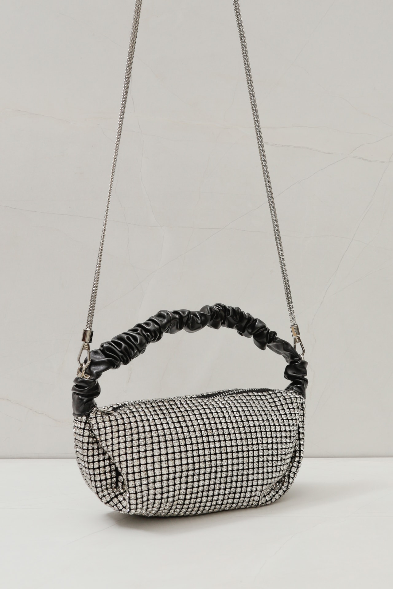 Bolsa Strass Alça Franzida Prata