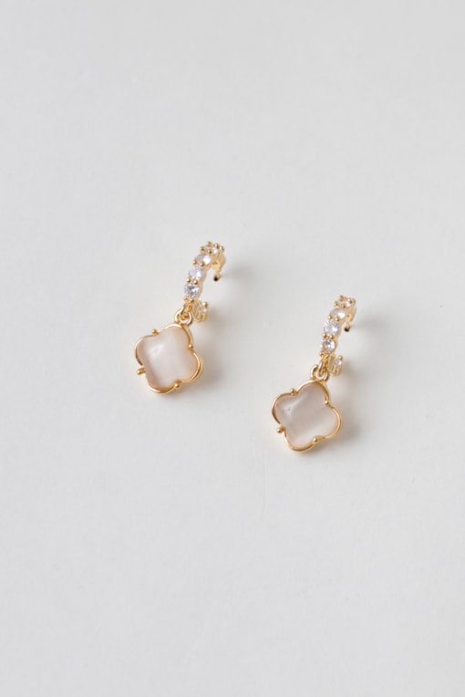 Brinco com Strass e Pingente Chaton Folha Dourado