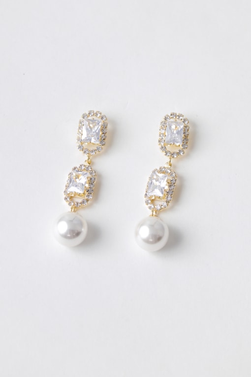 Brinco Pendente Strass Com Ponta Pérola Dourado